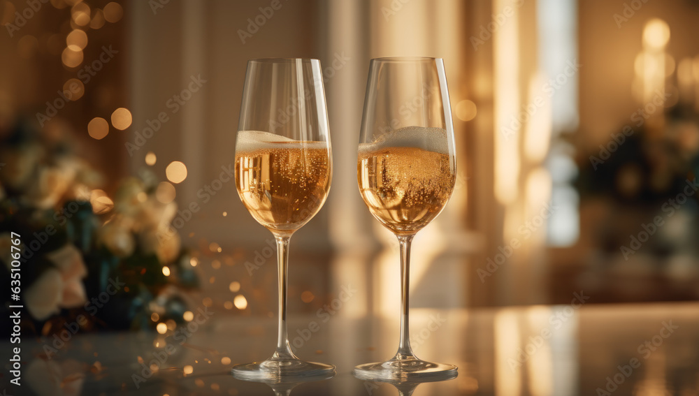 Double elegance. Two glasses of champagne on table. Celebrate in style with sparkling wine and luxurious ambiance. Cheers to memorable moments and joyful togetherness. Double elegance. Two glasses of champagne on table. Celebrate in style with sparkling wine and luxurious ambiance. Cheers to memorable moments and joyful togetherness.