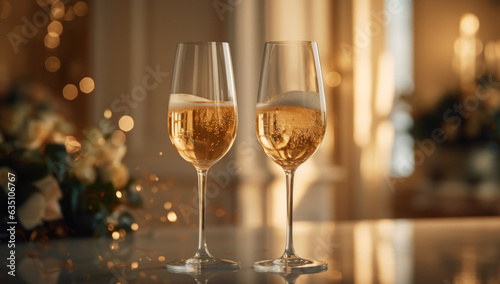 Double elegance. Two glasses of champagne on table. Celebrate in style with sparkling wine and luxurious ambiance. Cheers to memorable moments and joyful togetherness.