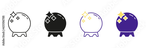 Crystal Ball for Prediction Black and Color Pictogram Set. Wizard Globe, Witchcraft, Astrology, Guess Future Symbols. Halloween Magic Ball Line and Silhouette Icons. Isolated Vector Illustration