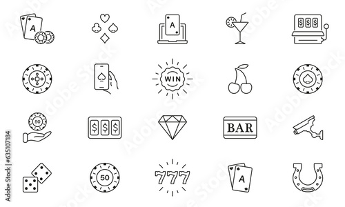 Casino and Poker Line Icon Set. Play Gambling Game Black Outline Sign. Bet Lottery, Jackpot 777 in Vegas Symbol Collection. Betting Poker, Casino, Gamble Game Pictogram. Isolated Vector Illustration