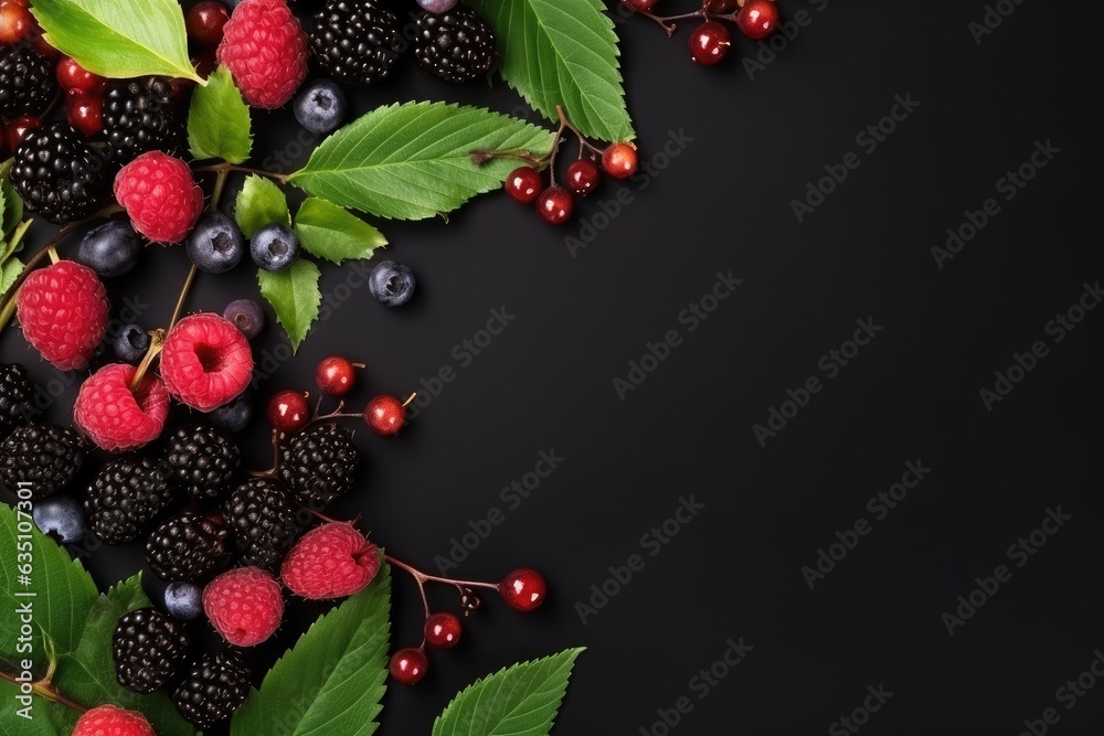 frame of fresh wild berries with green leaves frame of fresh wild berries with green leaves