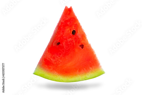 Watermelon slice with seeds isolated on white background.