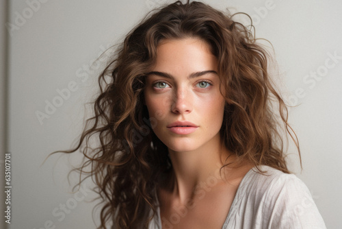 Young adult attractive European woman, beautiful lady pretty model with curly hair and green eyes, freckles looking at camera on grey background, close up face portrait. Skin care, natural beauty