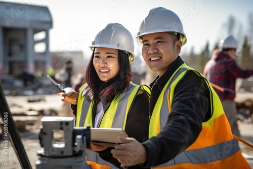 An Asian male and female working together on a construction side. AI