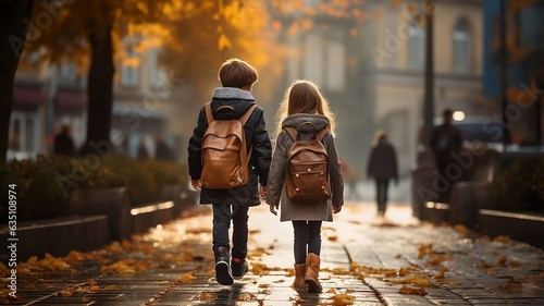 Little schoolgirl and schoolboy with backpacks walk along old city street