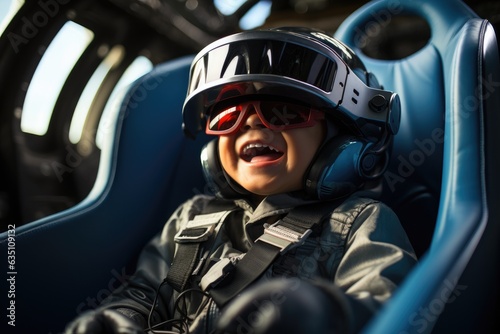 Boy wearing virtual reality headset sitting on car seat. VR goggles innovation technology. Generative AI © itchaznong