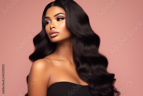 Beauty Fashion model. Black woman face & beautiful voluminous hair. Afro american girl. Beauty skin female face. .Healthy hair with luxurious Updo haircut. Waves, Curls volume Hairstyle. Hair Salon. photo