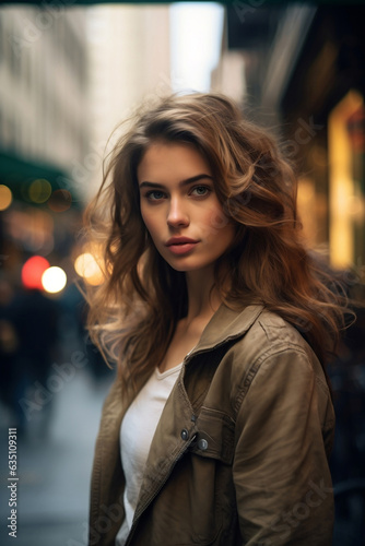 Portrait of a beautiful young woman with long curly hair in a beige jacket on a city street © David