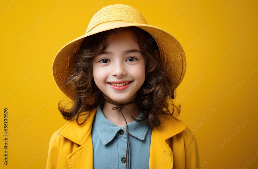 A young girl smiling in a yellow hat in solid yellow background. created by generative AI technology. A young girl smiling in a yellow hat in solid yellow background. created by generative AI technology.