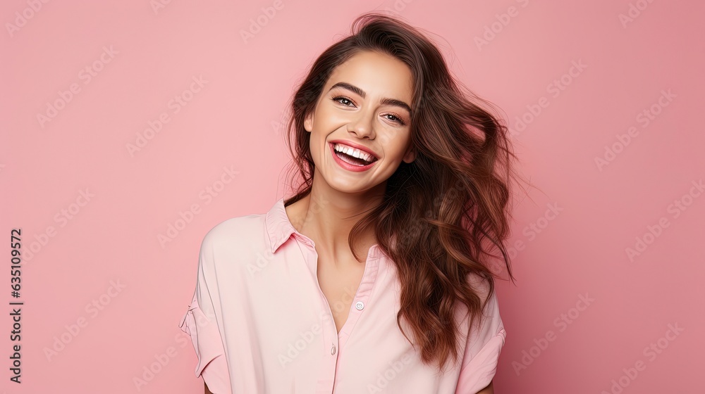 Fototapeta premium A beautiful girl smiles against the backdrop of a pink wall. AI generation