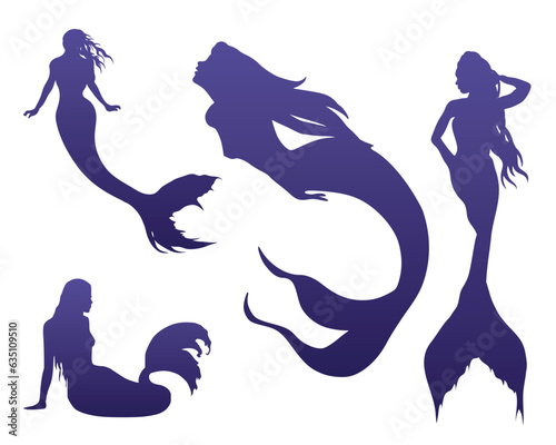 A set of silhouettes of beautiful mermaids
