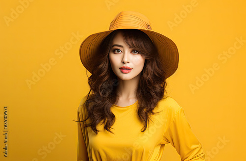 Ultra beauty Asian girl smiling in a yellow hat in solid yellow background. created by generative AI technology.