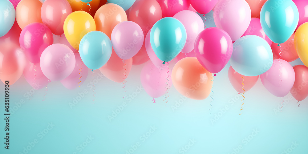 Happy birthday background with copy space, green background with balloons abstract party in pastel colors, Colorful balloons on pastel color background. festive or birthday party concept. flat lay,