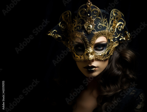Woman wearing a Venetian Carnival mask, also used in the Mardi Gras. Isolated on a black background. Concept of seduction and mystery.