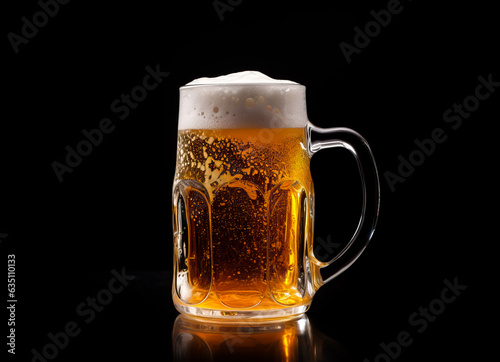 Large mug or glass of golden beer with foam. Isolated on black background.