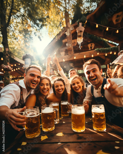 Friends at the Oktoberfest in Germany, toasting with big mugs of beer, looking happy. Shallow field of view.