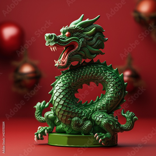 Decorative ceramic figurine of a terrible eastern green dragon on a new year background