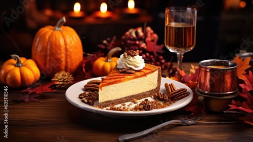 Pumpkin cheesecake with a slice cut out surrounded by autumn decorations with a Halloween theme