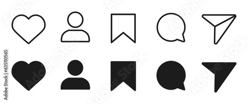 Set social media icons like, user, friend, heart, comment, share, save, send message functional icons, collection post reactions, social network user interface flat signs - vector