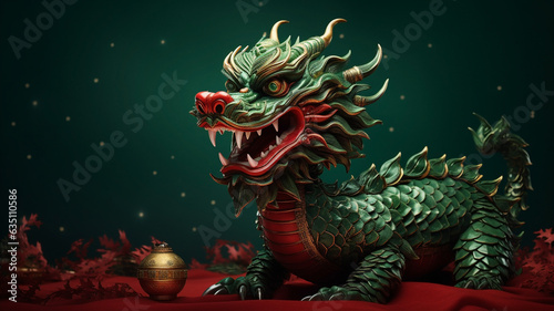 Decorative ceramic figurine of a terrible eastern green dragon on a new year background