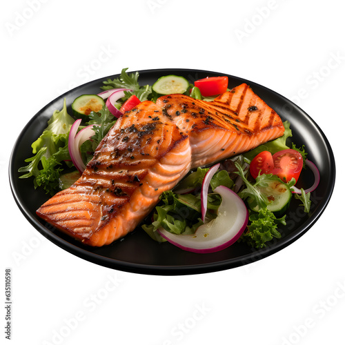 Top View of a Plate Grilled Salmon and Salad, Fresh fish salad Isolated on White