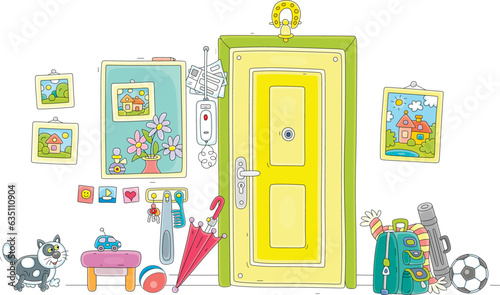 Funny domestic cat and a front door with an intercom in a home anteroom with a mirror, pictures, toys and household things, vector cartoon illustration isolated on a white background