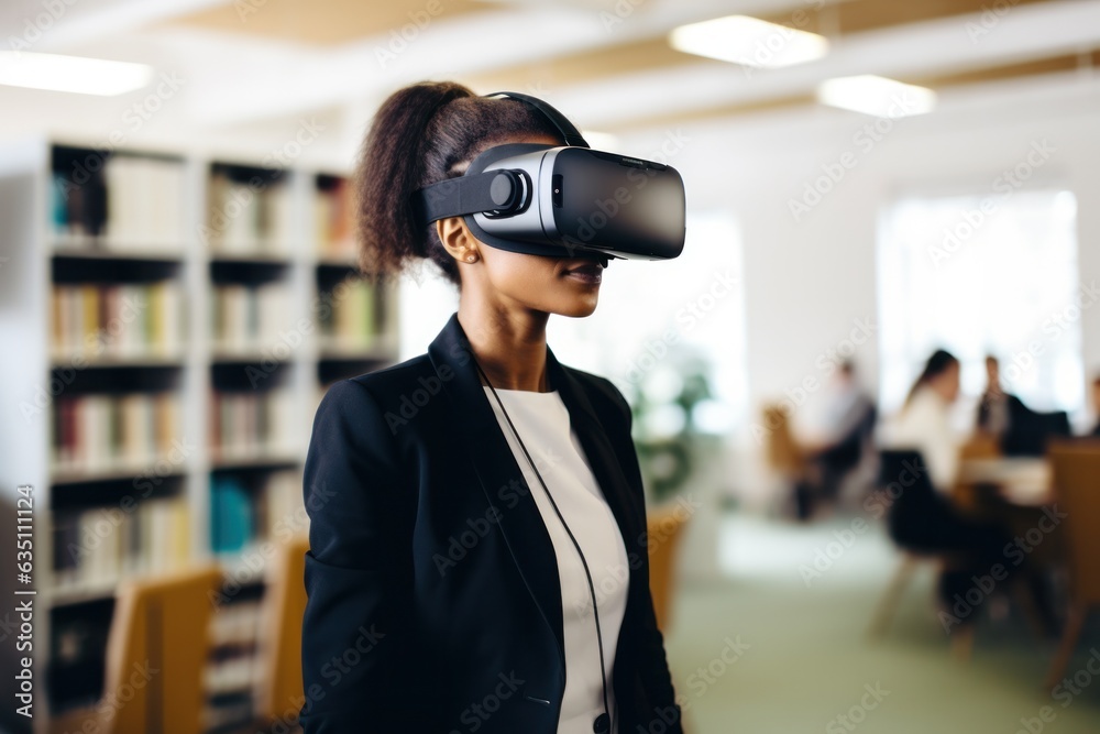 A woman immersed in a virtual world of knowledge stands amongst the shelves of a library, her imagination and creativity unleashed by the books on the wall A woman immersed in a virtual world of knowledge stands amongst the shelves of a library, her imagination and creativity unleashed by the books on the wall