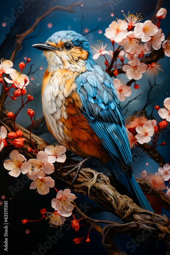 Image of bird sitting on branch with flowers. © valentyn640