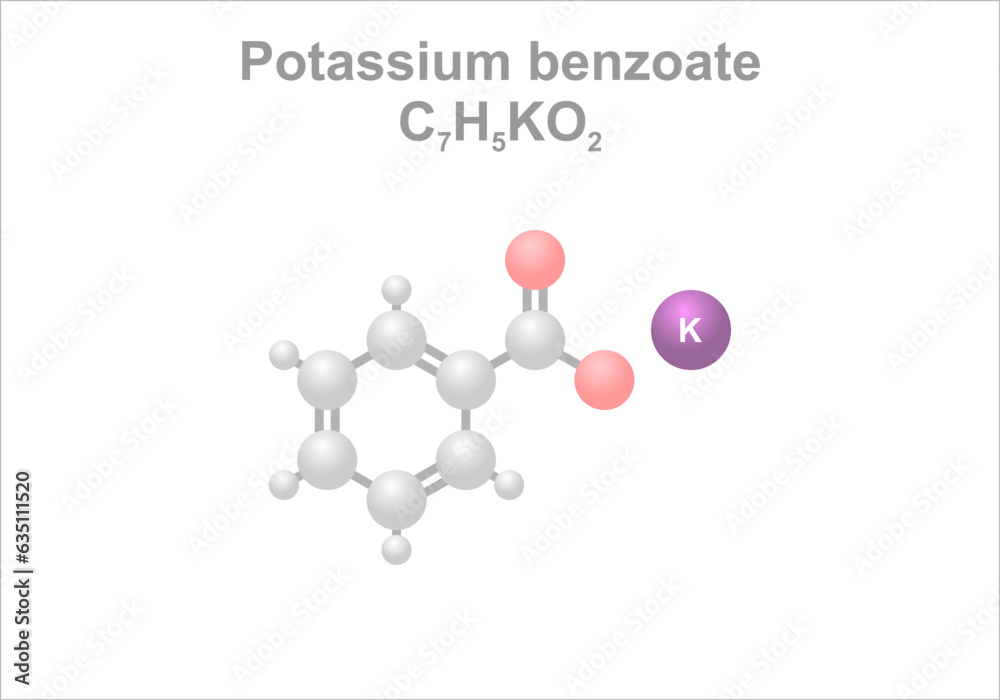 Potassium benzoate. Simplified scheme of the molecule. Inhibits the growth of molds, yeasts and some bacteria.
