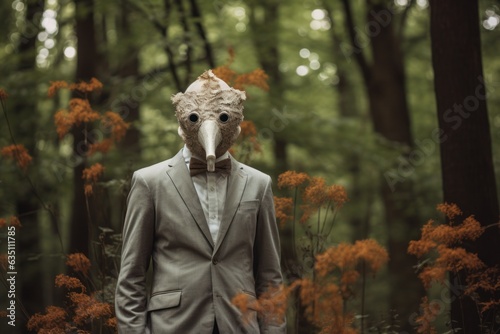 A lone man wearing a crisp suit and a mysterious mask stands amongst a vibrant autumnal tree, his coat billowing in the wind like a sculpture amongst the falling flowers