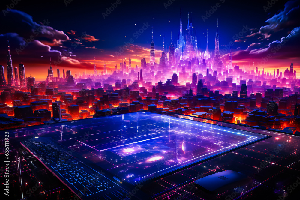 Futuristic city with soccer field in the foreground.