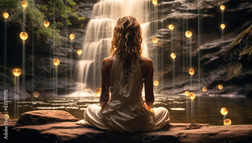 Discover inner peace. Woman embracing serenity through meditation amidst the captivating beauty of a majestic waterfall in a lush rainforest setting.