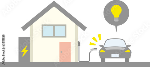 三角屋根の小さな家の充電設備で電気自動車を充電しているイラスト