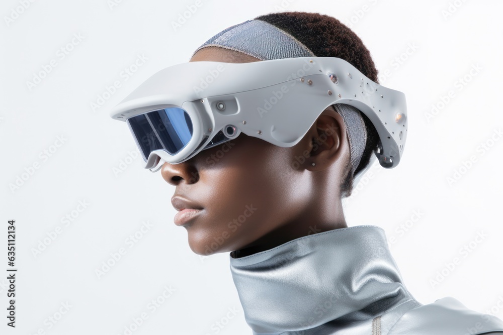 A woman stands confidently in the future, adorned with futuristic goggles, headphones, and a helmet, exuding an aura of power and style A woman stands confidently in the future, adorned with futuristic goggles, headphones, and a helmet, exuding an aura of power and style