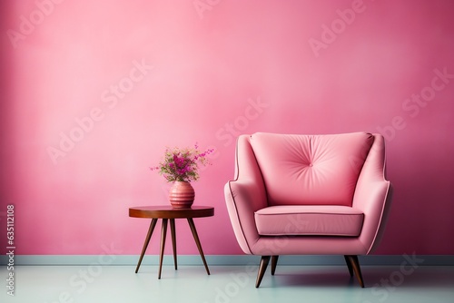 Pink chair next to table with vase of flowers on it.
