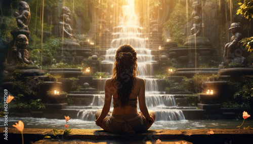 Discover inner peace. Woman embracing serenity through meditation amidst the captivating beauty of a majestic waterfall in a lush rainforest setting. © remake