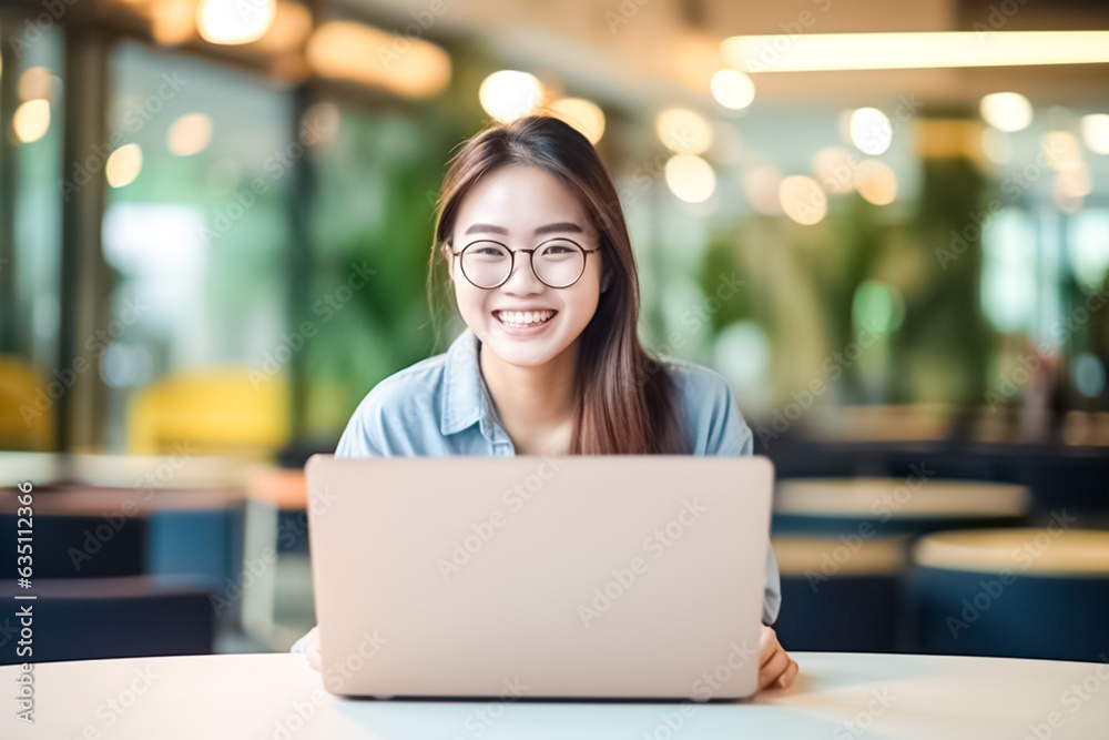 Pretty cheerful Asian woman in eyeglasses and casual clothes browses laptop uses modern technologies poses in modern office looking on camera. Pretty cheerful Asian woman in eyeglasses and casual clothes browses laptop uses modern technologies poses in modern office looking on camera.