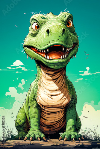 Drawing of green dinosaur with its mouth wide open.