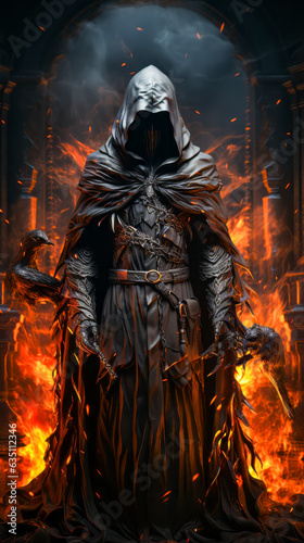 Image of man in hooded outfit holding sword. © valentyn640
