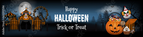 halloween banner with amusement park, circus and pumpkin bucket with sweets
