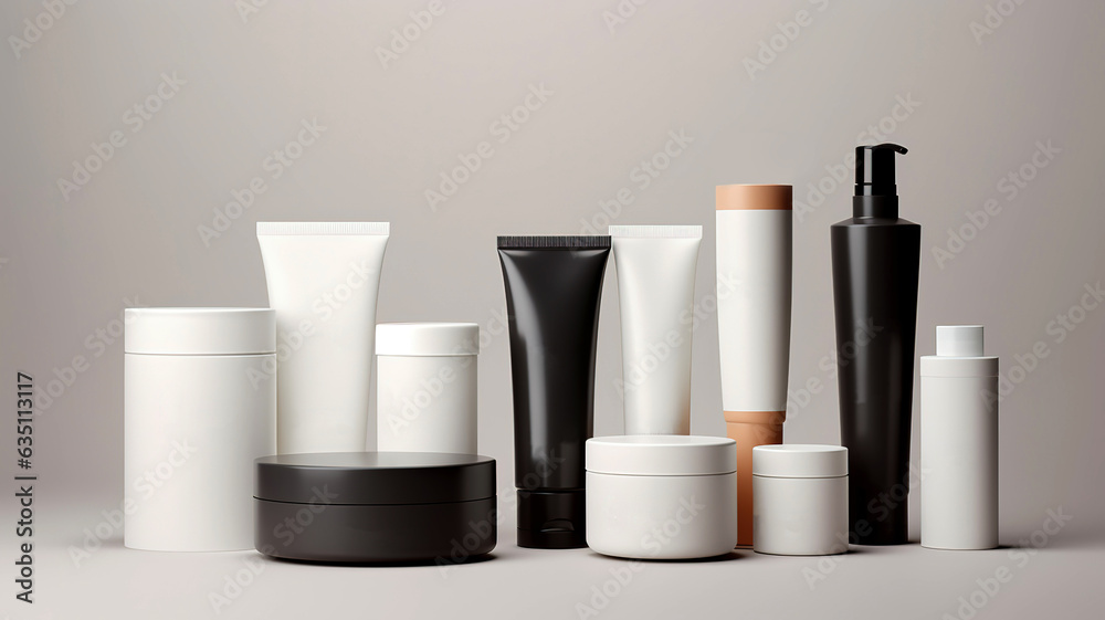 Set of cosmetic products mock-up. Black and white Cosmetic bottle mock up. Set isolated packages on gray background. Set of cosmetic products mock-up. Black and white Cosmetic bottle mock up. Set isolated packages on gray background.