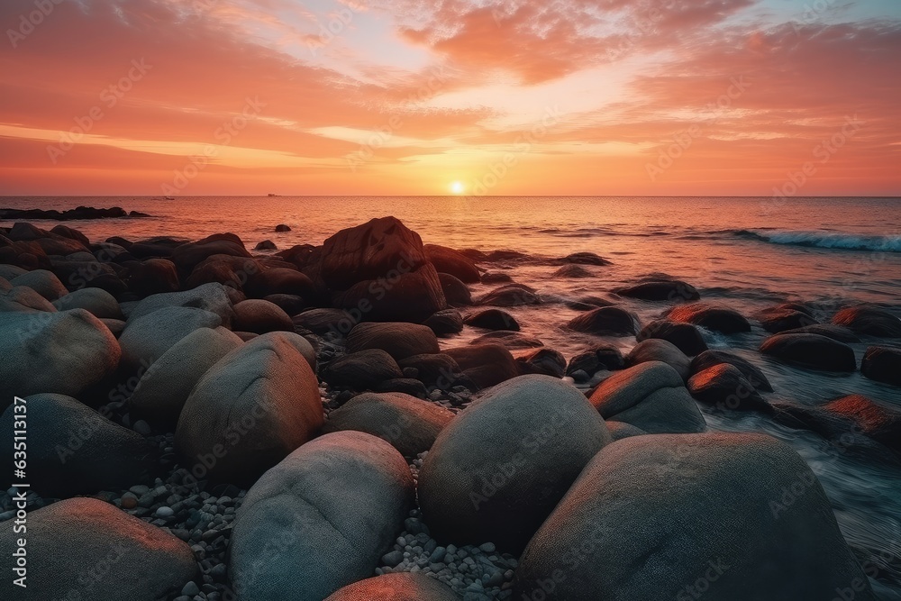 Obraz premium Very nice sunset on a beach with many rocks