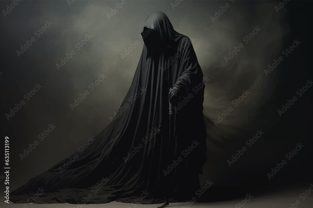Death in black cloak. Death in black clothes with black hood. Grim reaper in the fog. Mysterious silhouette of man in black cloak with scythe. Halloween concept. Scary ghost. Death costume. Vector art Death in black cloak. Death in black clothes with black hood. Grim reaper in the fog. Mysterious silhouette of man in black cloak with scythe. Halloween concept. Scary ghost. Death costume. Vector art