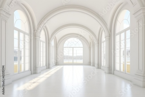 An indoor space of architectural symmetry and daylighting  featuring a white wall  a gleaming arcade of arched windows  and a smooth  inviting floor