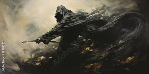 Death in black cloak. Death in black clothes with black hood. Grim reaper in the fog. Mysterious silhouette of man in black cloak with scythe. Halloween concept. Scary ghost. Death costume. Vector art