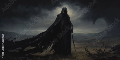 Death in black cloak. Death in black clothes with black hood. Grim reaper in the fog. Mysterious silhouette of man in black cloak with scythe. Halloween concept. Scary ghost. Death costume. Vector art