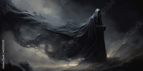 Death in black cloak. Death in black clothes with black hood. Grim reaper in the fog. Mysterious silhouette of man in black cloak with scythe. Halloween concept. Scary ghost. Death costume. Vector art