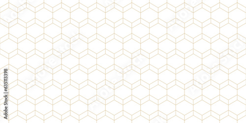 Vector minimalist seamless pattern. Simple golden background with thin lines, hexagonal grid, net, mesh, lattice. Abstract gold and white geometric minimal texture. Modern pattern. Subtle geo design