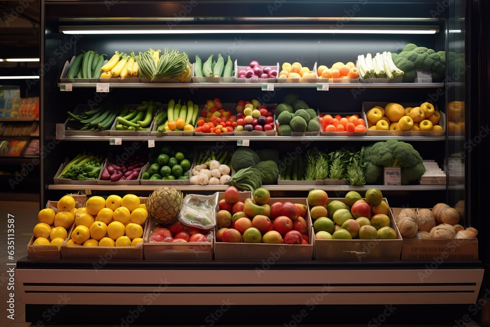 Fresh fruits and vegetables on display at the supermarket
