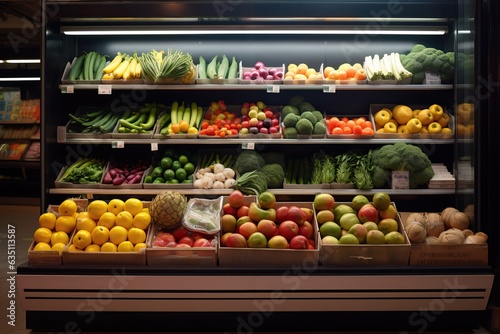 Fresh fruits and vegetables on display at the supermarket